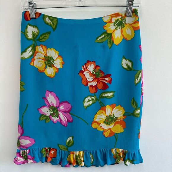 Ralph Lauren Y2K Vintage Blue Silk Floral Ruffle Hem Pencil Mini Skirt Size 2 - Picture 4 of 8